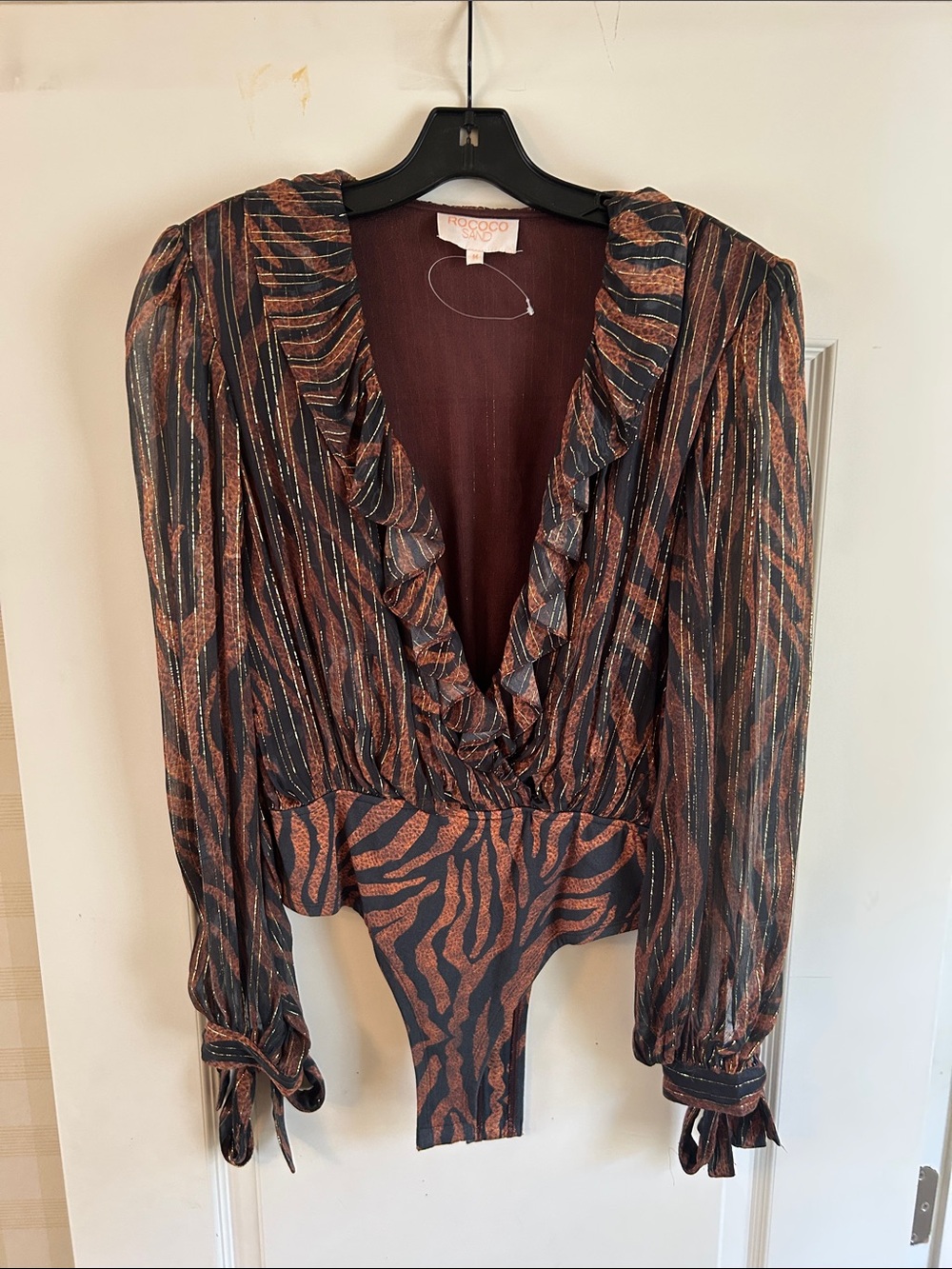 Rococo Sand Metallic Stripe Ruffle V-Neck Bodysuit - Black & Copper M